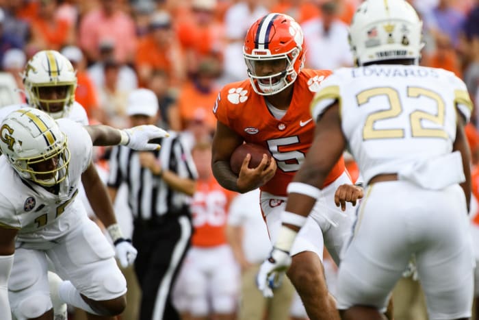 Clemson quarterback D.J. Uiagalelei runs the ball against Georgia Tech